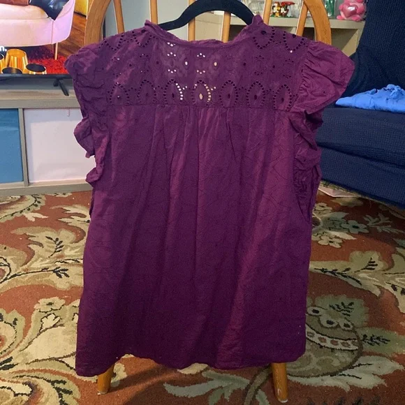 Loft size large purple lace short flutter sleeve blouse - Picture 4 of 6